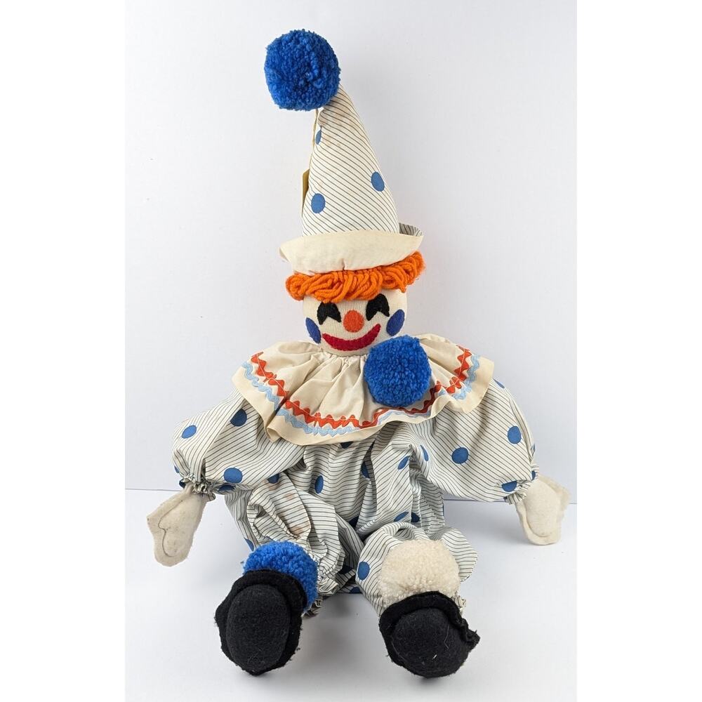 Vintage Cloth Clown Doll – Blue Polka Dots – 20” Handmade – Cincinnati Hospital